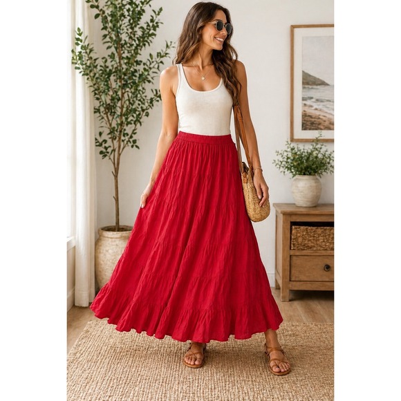 TravelSmith Dresses & Skirts - Travel Smith Red Cotton Tiered Boho Maxi Skirt Womens Size‎ M Flowy